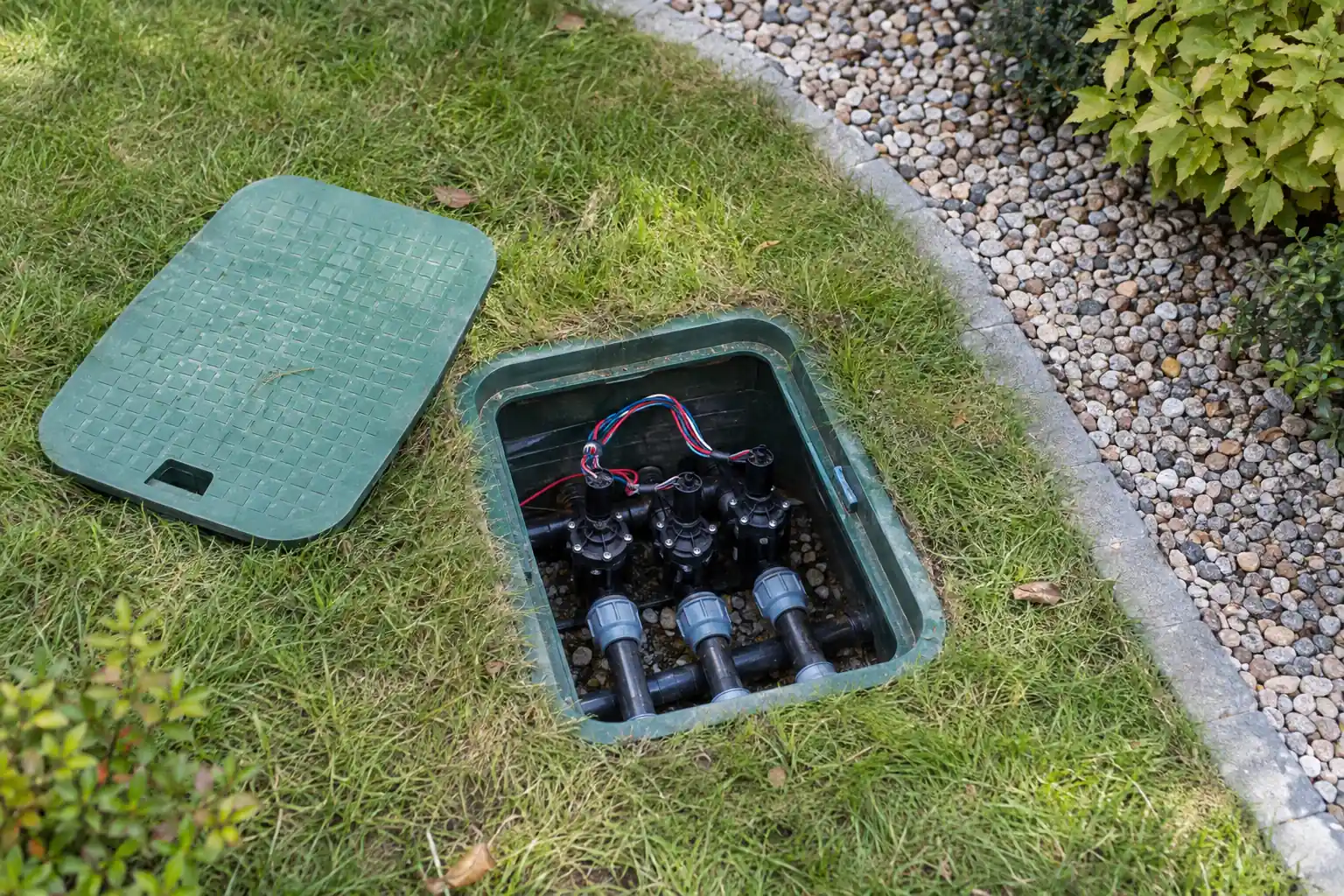 Otwarta studzienka zaworowa w trawniku z elektrozaworami i przewodami